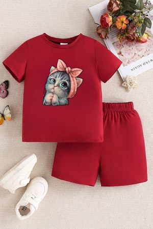 Minik Kedi Çocuk Takım T-Shirt Şort - Kırmızı Baskı Kız Çocuk Yazlık Bisiklet Yaka