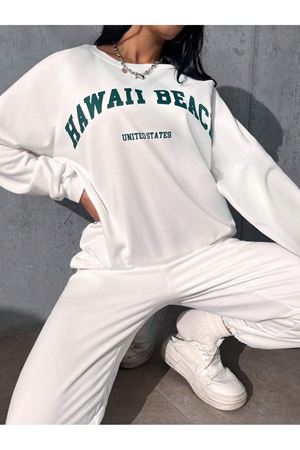 Hawaii Beach Eşofman Takımı Sweatshirt Jogger - Beyaz Baskılı Oversize Şardonlu Bisiklet Yaka