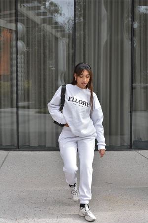 Ellore Australia Eşofman Takımı Sweatshirt Jogger - Beyaz Baskılı Oversize Şardonlu Bisiklet Yaka