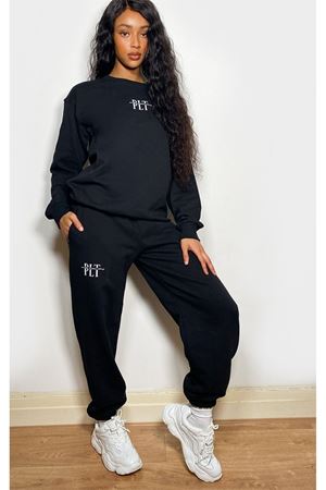 Eşofman Takımı Sweatshirt Jogger - Siyah Baskılı Oversize Şardonlu Bisiklet Yaka