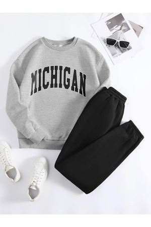 Michigan Eşofman Takımı Gri Sweatshirt Siyah Jogger - Baskılı Oversize Şardonlu Bisiklet Yaka
