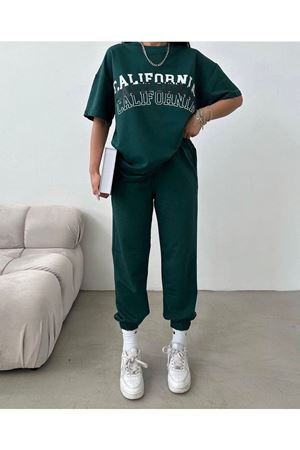 California Desing T-Shirt Eşofman Altı Jogger - Yeşil Baskılı Alt Üst Eşofman Takımı Bisiklet Yaka