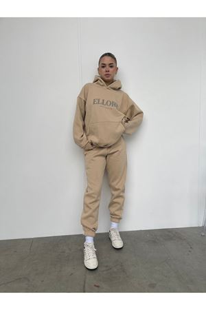 Ellore Australia Eşofman Takımı Sweatshirt Jogger - Bej Baskılı Oversize Şardonlu Kapüşonlu