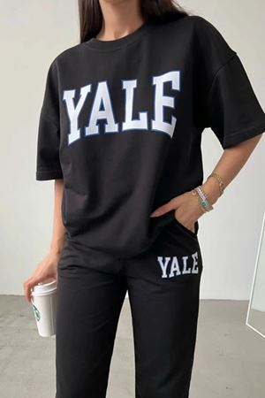 Yale Baskılı Siyah T-shirt Siyah Alt Üst Eşofman Takımı Oversize Bisiklet Yaka