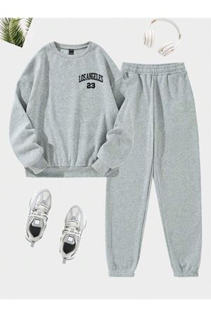 Los Angeles 23 Eşofman Takımı Sweatshirt Jogger - Gri Baskılı Oversize Şardonlu Bisiklet Yaka