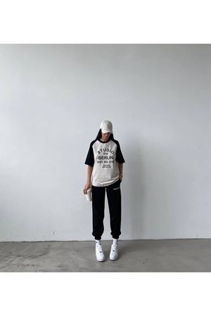 Studio Baskılı Reglan Kol T-shirt Eşofman Altı Jogger-Baskılı Alt Üst Eşofman Oversize Takım