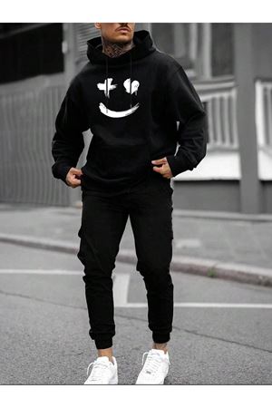 X Kalp Yüz Eşofman Takımı Sweatshirt Jogger - Siyah Baskılı Oversize Şardonlu Kapüşonlu