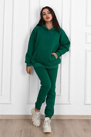 Düz Basic Eşofman Takımı Sweatshirt Jogger - Yeşil Oversize Şardonlu Kapüşonlu