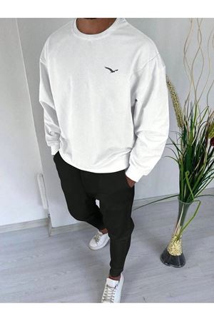 Kuş Siluet Eşofman Takımı - Beyaz Siyah Baskılı Kışlık Bisiklet Yaka