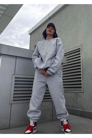 Baskısız Eşofman Takımı Sweatshirt Jogger - Gri Oversize Şardonlu Bisiklet Yaka