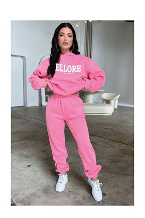 Ellore Australia Eşofman Takımı Sweatshirt Jogger - Pembe Baskılı Oversize Şardonlu Kapüşonlu