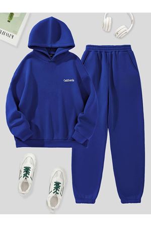 California Yazılı Eşofman Takımı Sweatshirt Jogger - Sax Mavi Baskılı Oversize Şardonlu Kapüşonlu