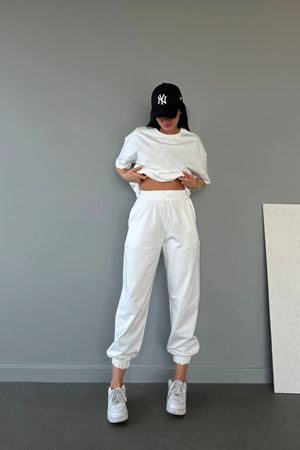 Basic T-shirt Eşofman Altı Jogger - Beyaz Düz Alt Üst Eşofman Takımı Oversize Bisiklet Yaka