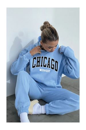 Eşofman Takımı Sweatshirt  - Bebe Mavisi Baskılı Oversize Şardonlu Kapüşonlu