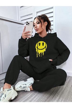 Emoji Eşofman Takımı Sweatshirt Jogger - Siyah Baskılı Oversize Şardonlu Kapüşonlu