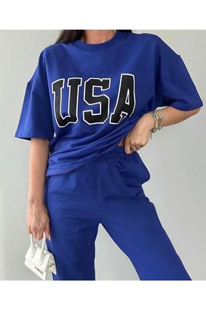 Usa T-shirt Eşofman Altı Jogger- Mavi Baskılı Alt Üst Eşofman Takım Oversize Bisiklet Yaka