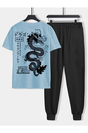 Dragon Mavi T-shirt Siyah Eşofman Altı Jogger- Baskılı Alt Üst Eşofman Takım Oversize Bisiklet Yaka