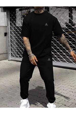 Ufo Logo T-shirt Eşofman Altı Jogger- Siyah Baskı Alt Üst Eşofman Takımı Oversize Bisiklet Yaka