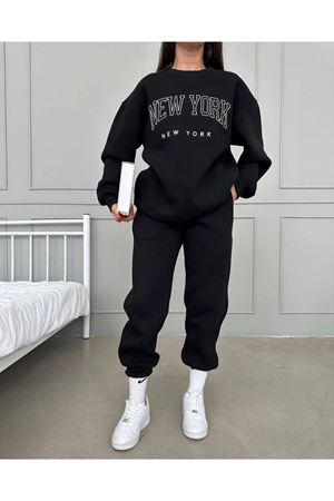 New York New York Eşofman Takımı Sweatshirt Jogger - Siyah Baskılı Oversize Şardonlu Bisiklet Yaka