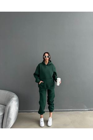 Baskısız Eşofman Takımı Sweatshirt Jogger - Yeşil Oversize Şardonlu Kapüşonlu