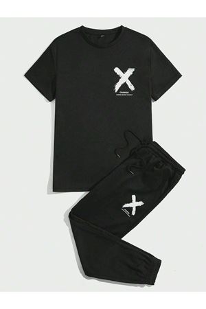 X Change T-shirt Eşofman Altı Jogger - Siyah Baskılı Alt Üst Eşofman Takım Oversize Bisiklet Yaka