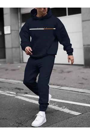 Paris Çizgi Eşofman Takımı Sweatshirt Jogger - Lacivert Baskılı Oversize Şardonlu Kapüşonlu