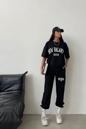 Balance Boston T-shirt Eşofman Altı Jogger- Siyah Baskı Alt Üst Eşofman Takım Oversize Bisiklet Yak