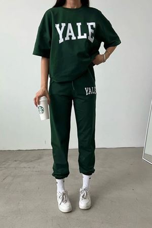 Yale T-shirt Eşofman Altı Jogger- Yeşil Baskı Alt Üst Eşofman Takımı Oversize Bisiklet Yaka
