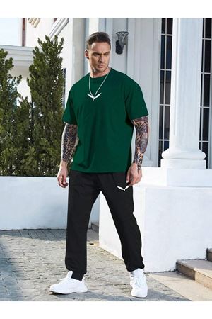 Wings Yeşil T-shirt Siyah Eşofman Altı Jogger- Baskılı Alt Üst Eşofman Takım Oversize Bisiklet Yaka