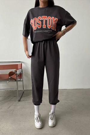 Boston Baskılı T-shirt Eşofman Altı Jogger -antrasit Alt Üst Takım Oversize Bisiklet Yaka