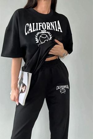 California T-shirt Jogger Siyah Baskılı Alt Üst Eşofman Takım Oversize Bisiklet Yaka