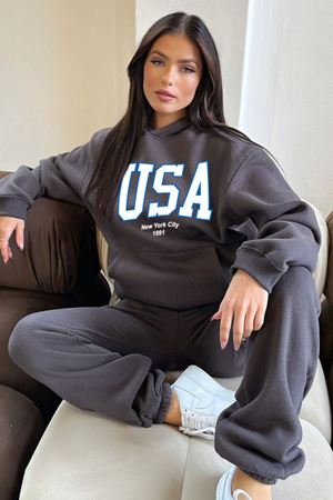 Usa Eşofman Takımı Sweatshirt Jogger - Füme Baskılı Oversize Şardonlu Kapüşonlu
