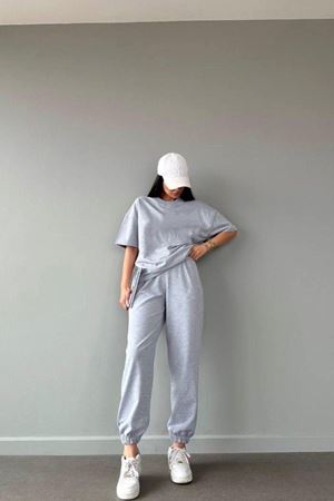Basic T-shirt Eşofman Altı   Gri Düz Alt Üst Eşofman Takımı Oversize Bisiklet Yaka
