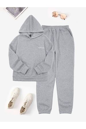 California Minimal Yazı Eşofman Takımı Sweatshirt Jogger - Gri Baskılı Oversize Şardonlu Kapüşonlu