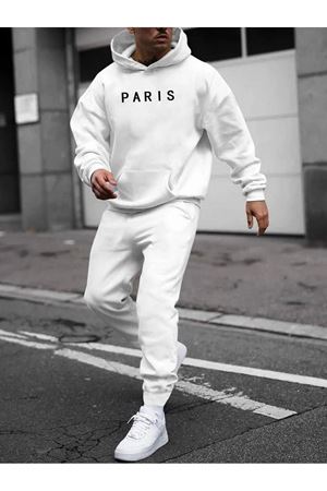 Paris Yazı Eşofman Takımı Sweatshirt Jogger -Beyaz Baskılı Oversize Şardonlu Kapüşonlu