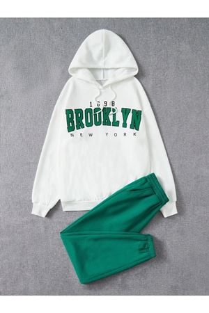 1898 Brooklyn Eşofman Takımı Beyaz Sweatshirt Yeşil Jogger - Baskılı Oversize Şardonlu Kapüşonlu