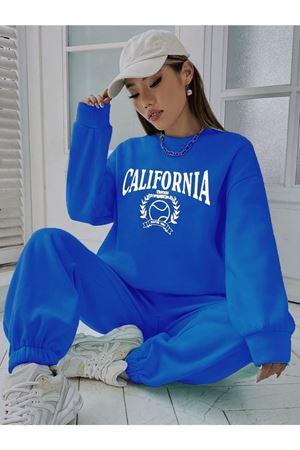 Tenis California Eşofman Takımı Sweatshirt Jogger - Sax Mavi Baskılı Oversize Şardonlu Bisiklet Yak