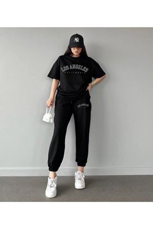 Los Angeles T-shirt Eşofman Altı Jogger - Siyah Baskı Alt Üst Eşofman Takımı Oversize Bisiklet Yaka