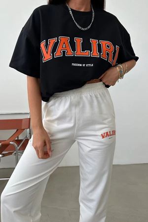 Valiri Siyah T-shirt Beyaz Eşofman Altı Jogger- Baskılı Alt Üst Eşofman Takım Oversize Bisiklet Yak