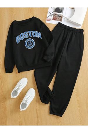 Boston 1987 Eşofman Takımı Sweatshirt Jogger - Siyah Baskılı Oversize Bisiklet Yaka