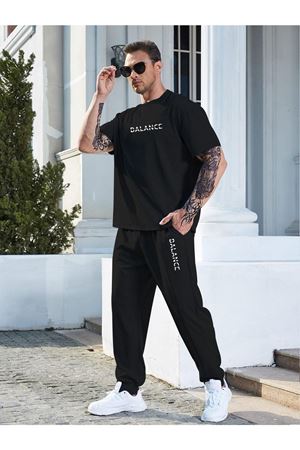 Balance T-shirt Eşofman Altı Jogger- Siyah Baskılı Alt Üst Eşofman Takım Oversize Bisiklet Yaka