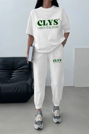 Clys Tasarım T-shirt Eşofman Altı Jogger- Beyaz Baskı Alt Üst Eşofman Takımı Oversize Bisiklet Yaka