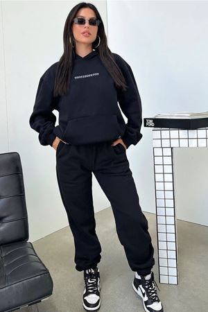 Siyah That So Fetch Eşofman Takımı - Baskılı Oversize Kapüşonlu Şardonlu