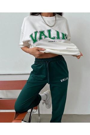 Valiri Beyaz T-shirt Yeşil Eşofman Altı Jogger- Baskılı Alt Üst Eşofman Takım Oversize Bisiklet Yak