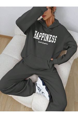 Happiness Eşofman Takımı Sweatshirt Jogger - Füme Baskılı Oversize Şardonlu Kapüşonlu