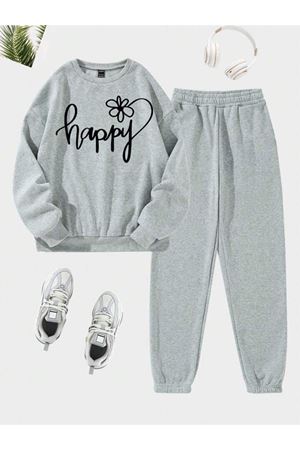 Happy Papatya Eşofman Takımı Sweatshirt Jogger - Gri Baskılı Oversize Şardonlu Bisiklet Yaka