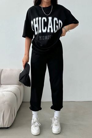 Chicago T-shirt Eşofman Altı Jogger- Siyah Baskılı Alt Üst Eşofman Takımı Oversize Bisiklet Yaka