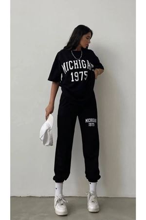 Michigan 1975 T-shirt Eşofman Altı Jogger- Siyah Baskı Alt Üst Eşofman Takımı Oversize Bisiklet Yak