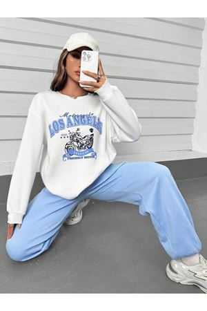 Los Angeles Motor Eşofman Takımı Beyaz Sweatshirt Bebe Mavi Jogger - Baskılı Oversize Bisiklet Yaka