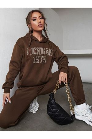 Michigan 1975 Eşofman Takımı Sweatshirt Jogger - Kahverengi Baskılı Oversize Şardonlu Kapüşonlu